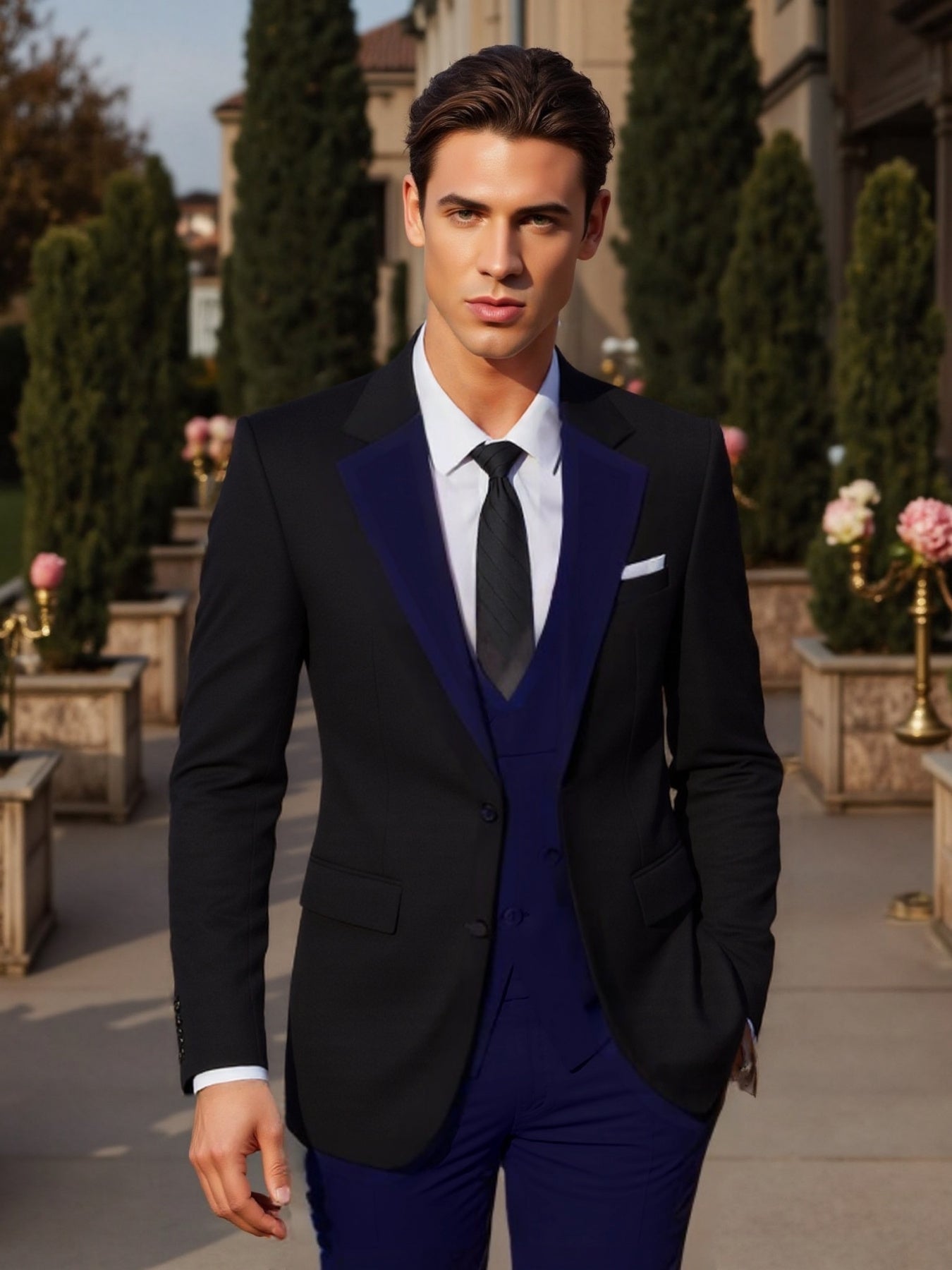 SHOWLU men's 3-piece slim fit wedding tuxedo with jacket, vest, and pants, tailored for formal occasions and elegant style.