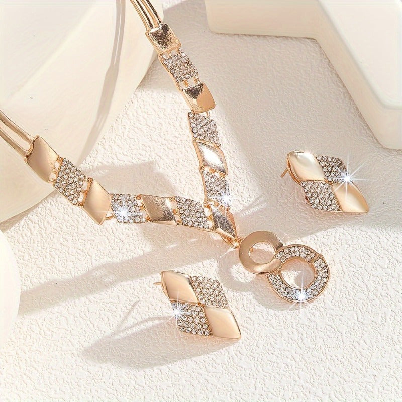 SHOWLU FASHION 3-piece luxury jewelry set with 14K gold plating and natural stones, including necklace, earrings, and bracelet.