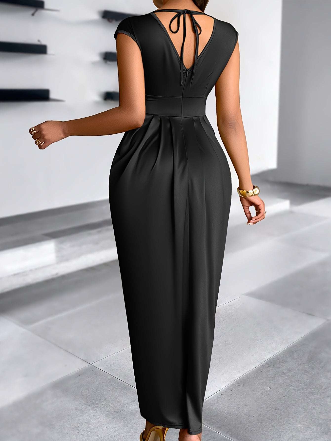 SHOWLU FASHION women's satin V-neck bodycon gown, elegant party dress in black with fitted silhouette and smooth fabric.