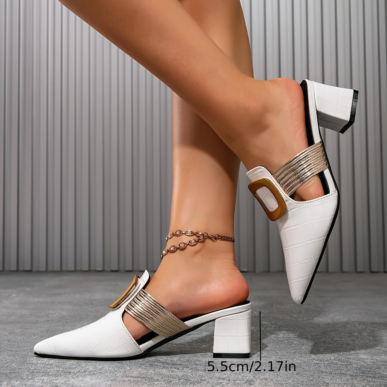 SHOWLU FASHION women's pointed toe block heel mules with buckle, stylish slip-on footwear for casual or dressy occasions.