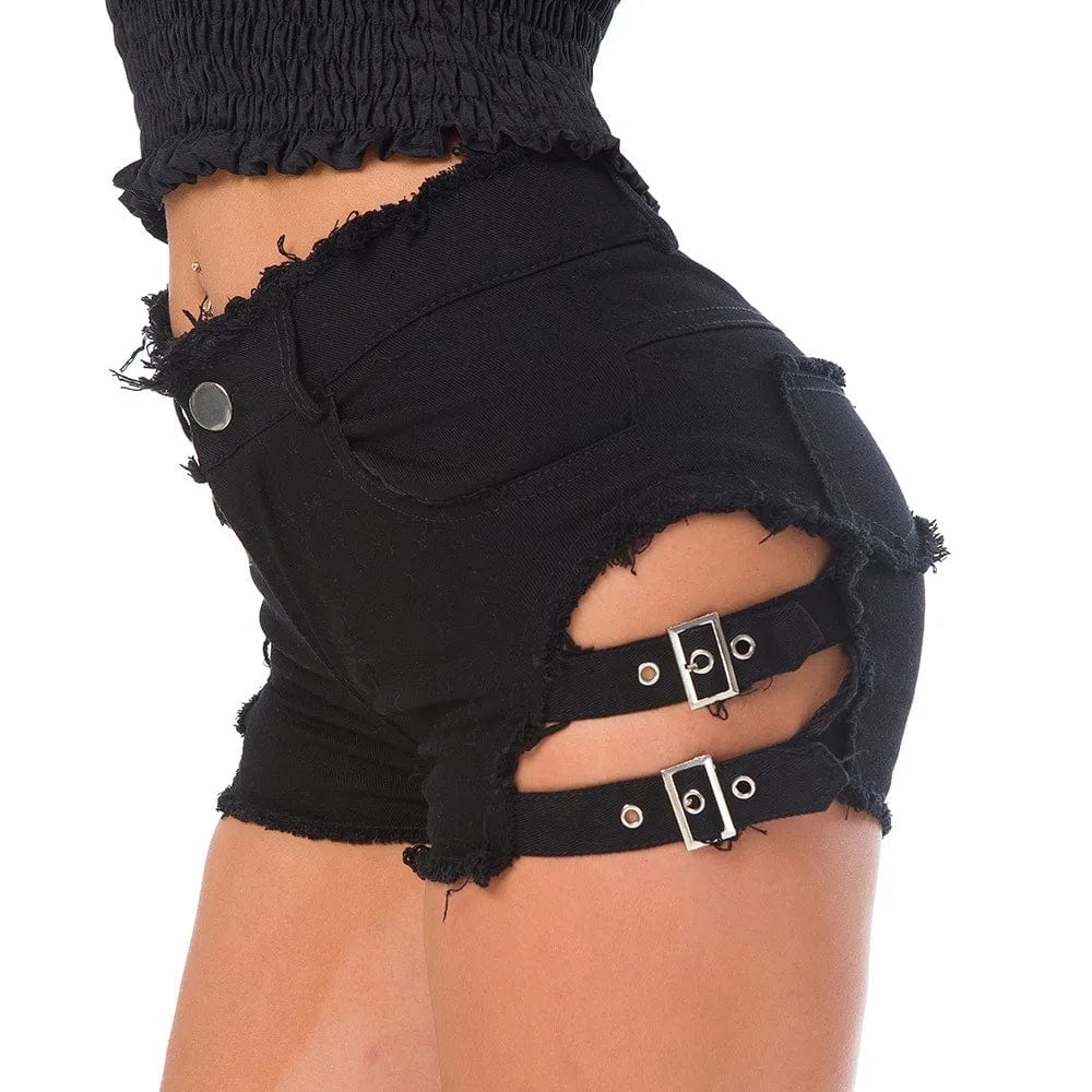 Showlu Women's high waist denim hot pants with perforated design, elastic fit, perfect for summer casual wear.