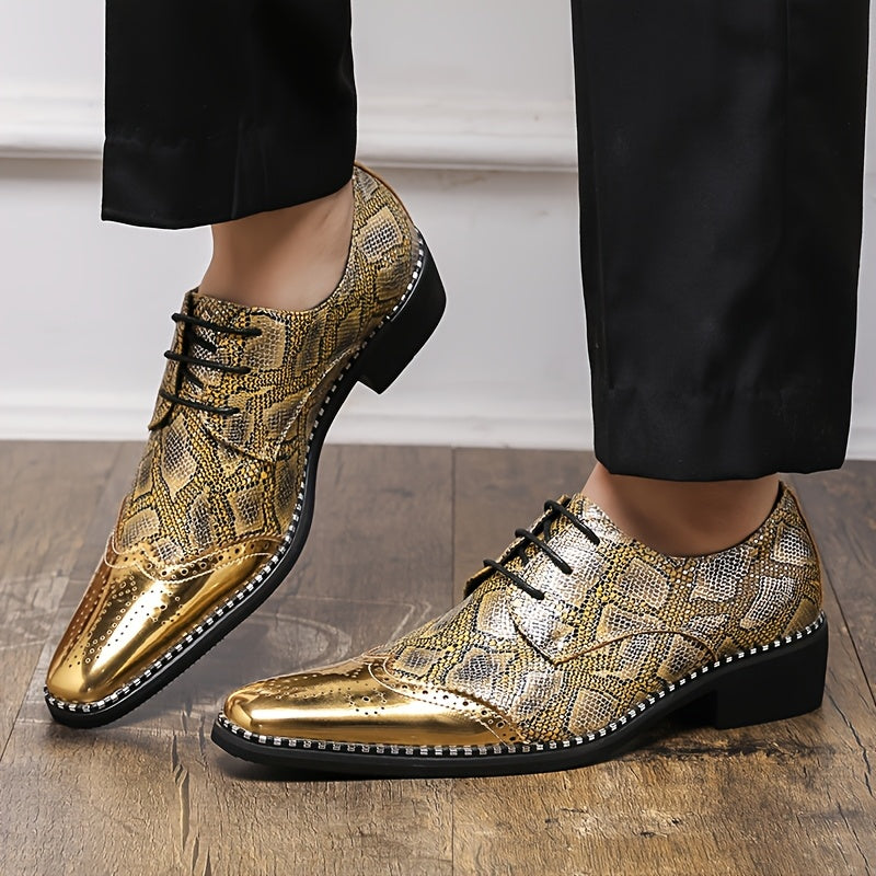 Men's SHOWLU FASHION golden diamond-patterned brogue loafers with pointed toes, stylish and polished for formal or casual wear.