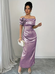 [Elegant Bodycon Dress] Red Women's Elegant Off-Shoulder Bodycon Maxi Dress | Ruching Detail, Low Slit, Waist-Cinching, Perfect for Spring/Summer Events, Formal Event Attire
