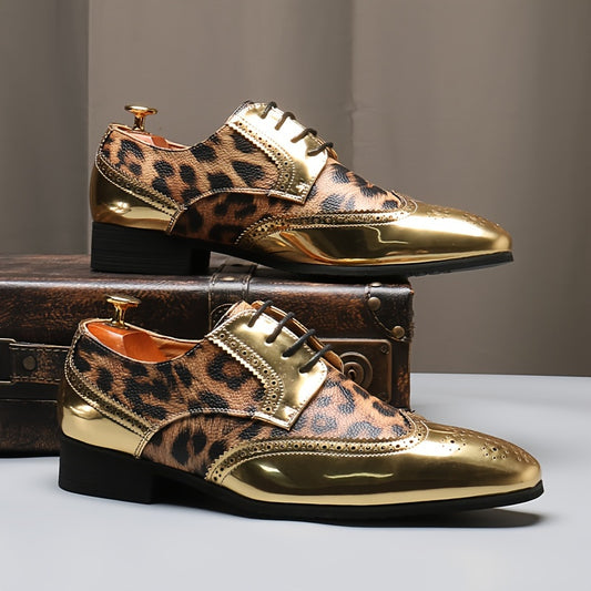 [Leopard Print Oxfords] Stylish Men's Leopard Print Oxfords - Golden Accents Dress Shoes with Brogue Detailing for Weddings, Parties & Business Casual Events