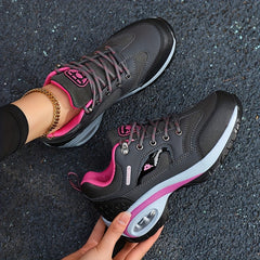 Women's Lightweight Air Cushion Hiking Sneakers - Comfortable Lace-Up Outdoor Shoes with Arch Support, Black & Pink Design, All-Season Wear, Outdoor Hiking Sneakers | Fashion Sportswear | Durable Fabric Lining