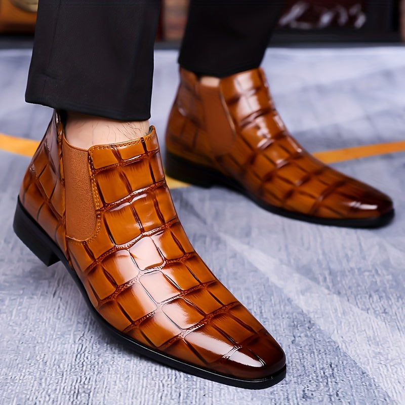 SHOWLU men's pointed toe Chelsea boots, shiny black formal ankle boots with sleek design and short ankle height.