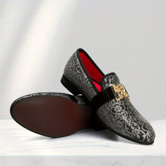 [Floral Pattern Loafers] Elegant Slip-On Loafers - Comfortable Floral Pattern Shoes with Golden Buckle, Black and Red Accents - Perfect for Parties & Streetwear