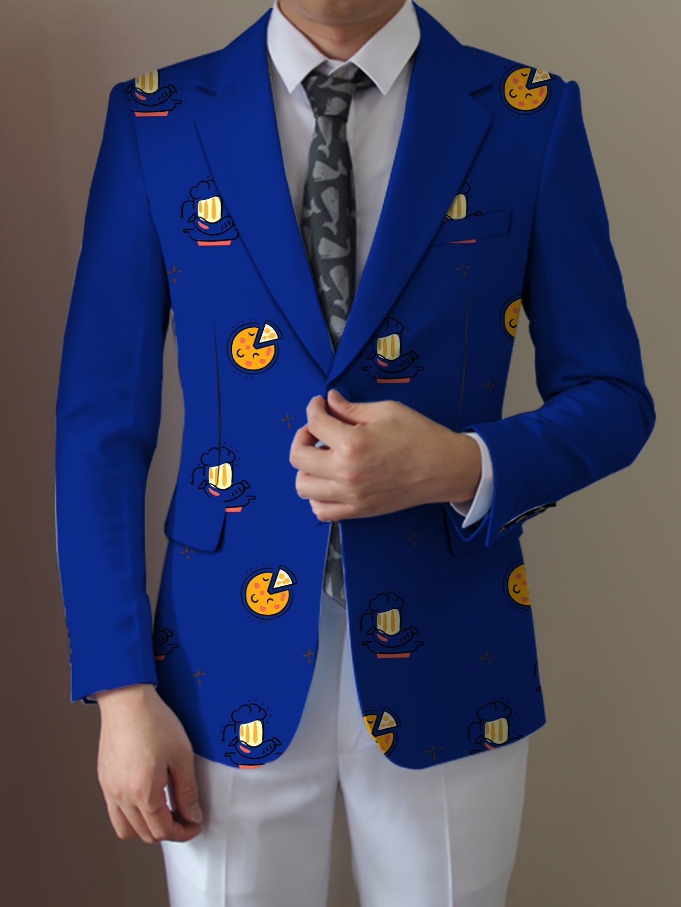 SHOWLU Men's casual food cartoon blazer with lapel, regular fit suit jacket featuring colorful food-themed print and tailored design.