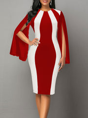 Elegant Black & White Color Block Bodycon Dress with Split Cuffs - Stretchy Polyester & Spandex Blend, Machine Washable - Perfect for All Seasons