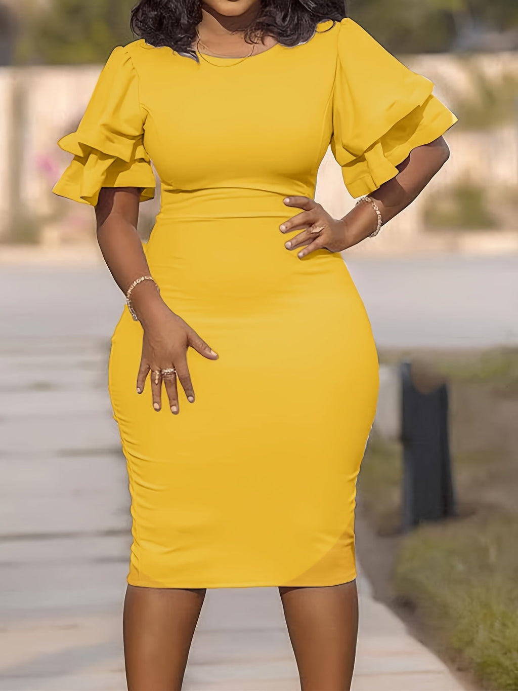 SHOWLU FASHION women's ruffle sleeve bodycon midi pencil dress, stylish party dress with fitted silhouette and feminine ruffle details.