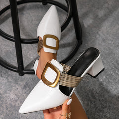 Women's Pointed Toe Metal Buckle Solid Color Fashion High Heel Mules with Open Back Strap Slip-On Comfortable Outdoor Women's Sandals