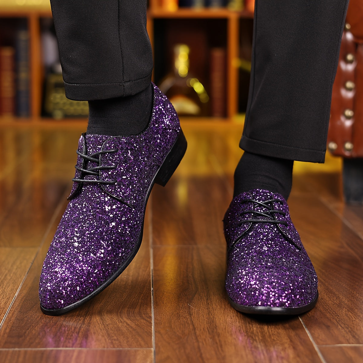 SHOWLU FASHION glitter pointed toe casual shoes in shiny solid color, stylish and comfortable for everyday wear.