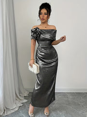[Elegant Bodycon Dress] Red Women's Elegant Off-Shoulder Bodycon Maxi Dress | Ruching Detail, Low Slit, Waist-Cinching, Perfect for Spring/Summer Events, Formal Event Attire