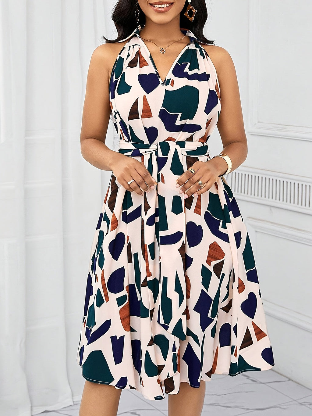 Women's geometric print V-neck A-line dress with bow waist tie by SHOWLU FASHION STORE, showcasing a stylish and elegant design.