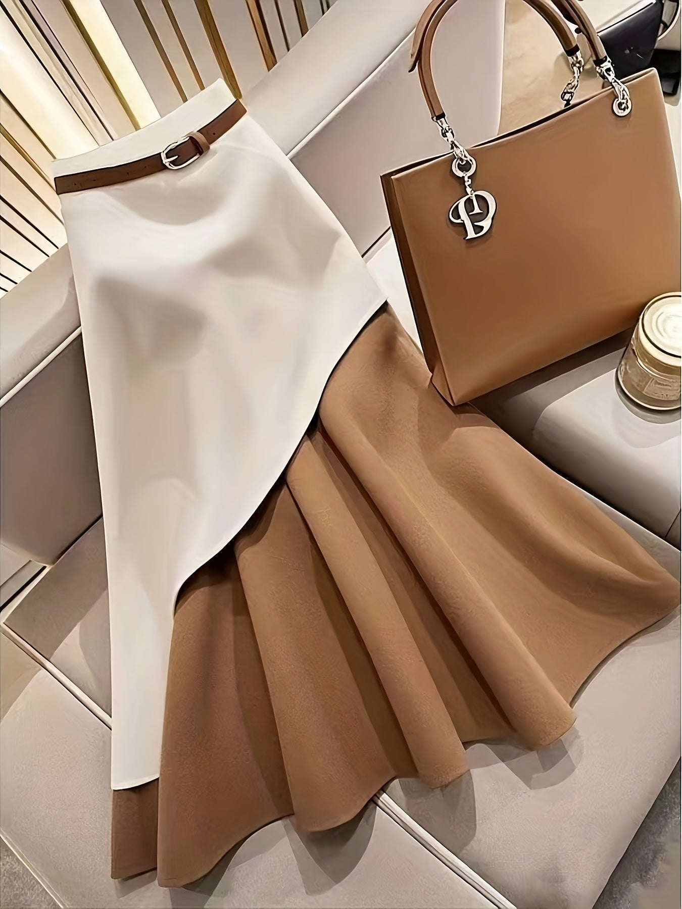 Elegant color-block woven commuter dress with belt by SHOWLU FASHION, featuring a stylish, fitted silhouette and vibrant color accents.