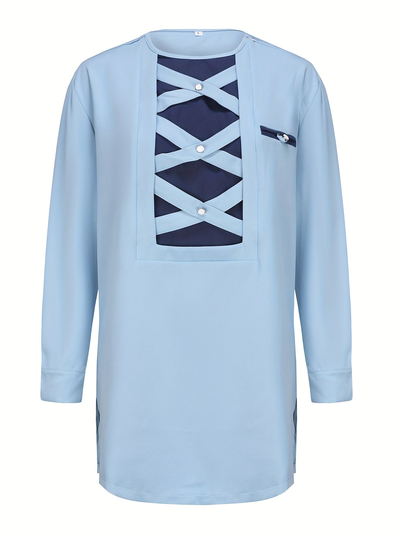 SHOWLU Men's two-piece patchwork suit with crew neck casual top and matching pants, stylish and comfortable for everyday wear.