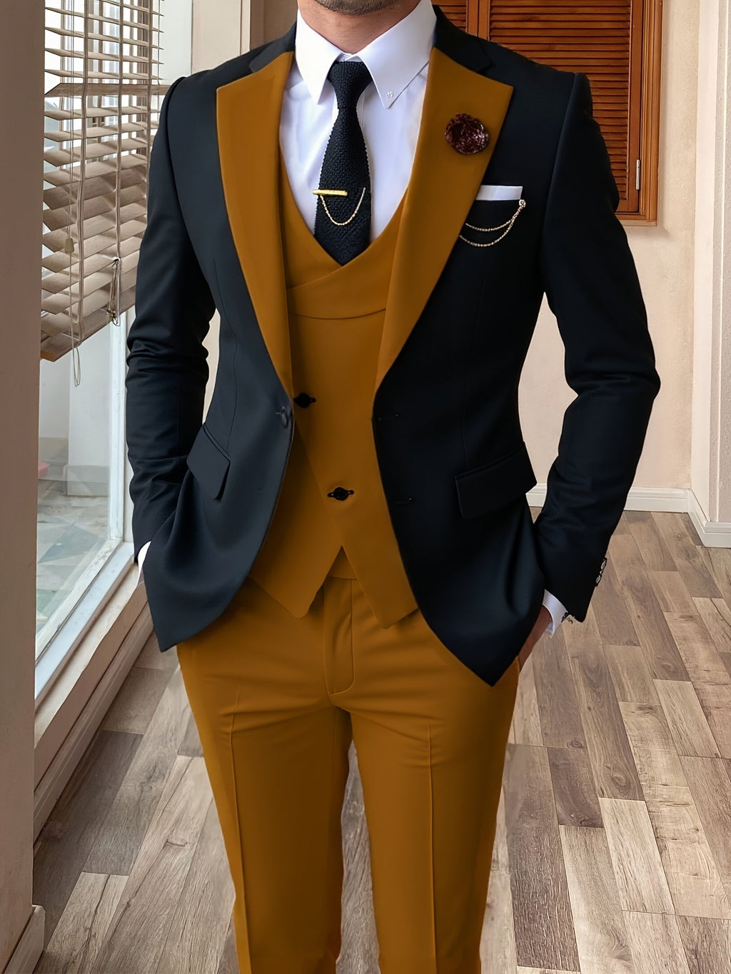 Men's 3-piece color block slim fit tuxedo suit set by Showlu Fashion, featuring a jacket, vest, and trousers in stylish color blocks.