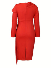 Elegant Red Bodycon Midi Dress for Women - Asymmetrical Neckline, Long Sleeve, Ruched Detail, Stretch Fabric, Perfect for Casual or Formal Occasions, Casual Elegant Wear | Ruched Bodice Design | Sleek Texture