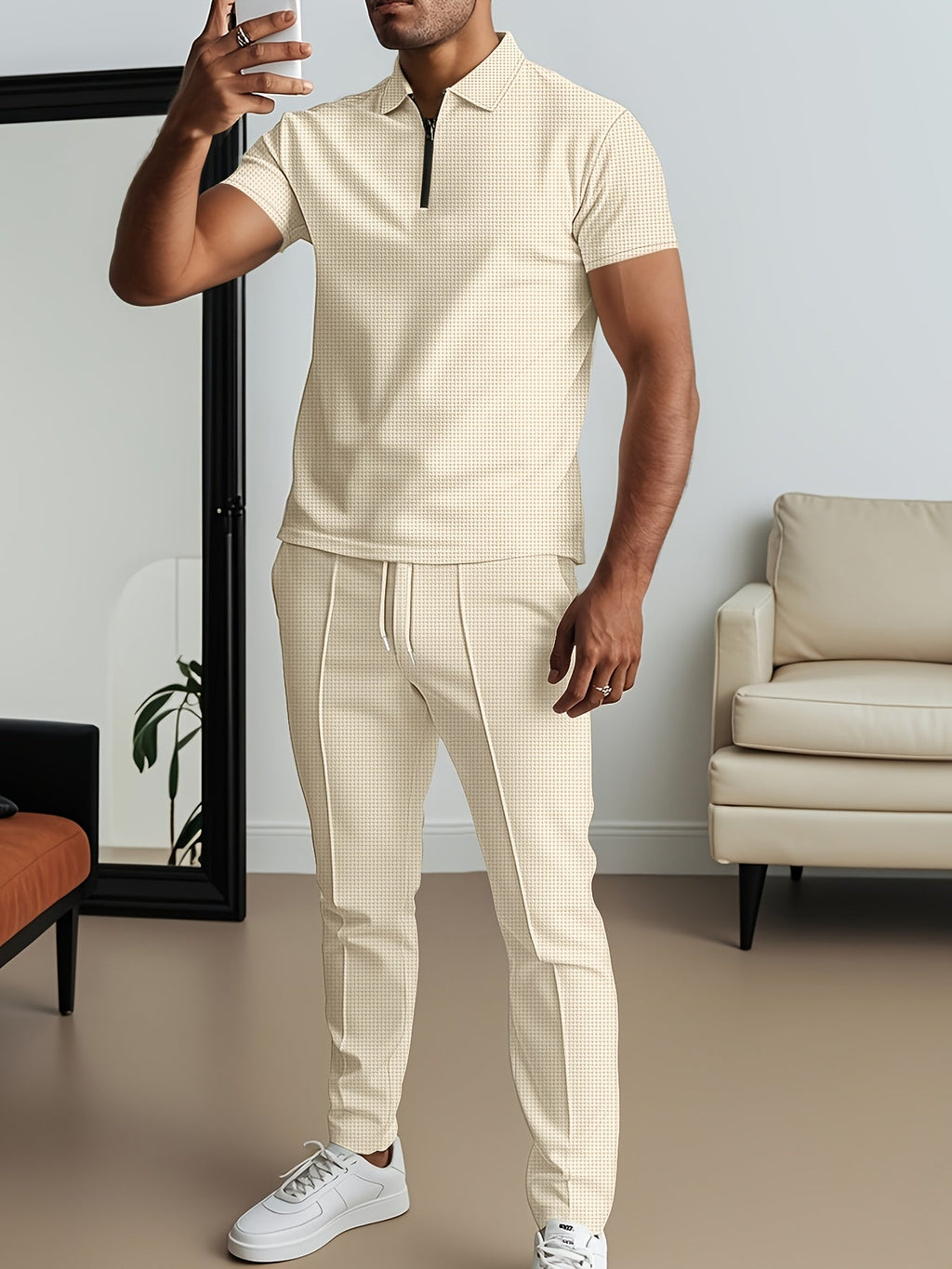 SHOWLU Men's waffle texture short sleeve shirt and matching pants 2-piece set, casual and comfortable clothing for men.