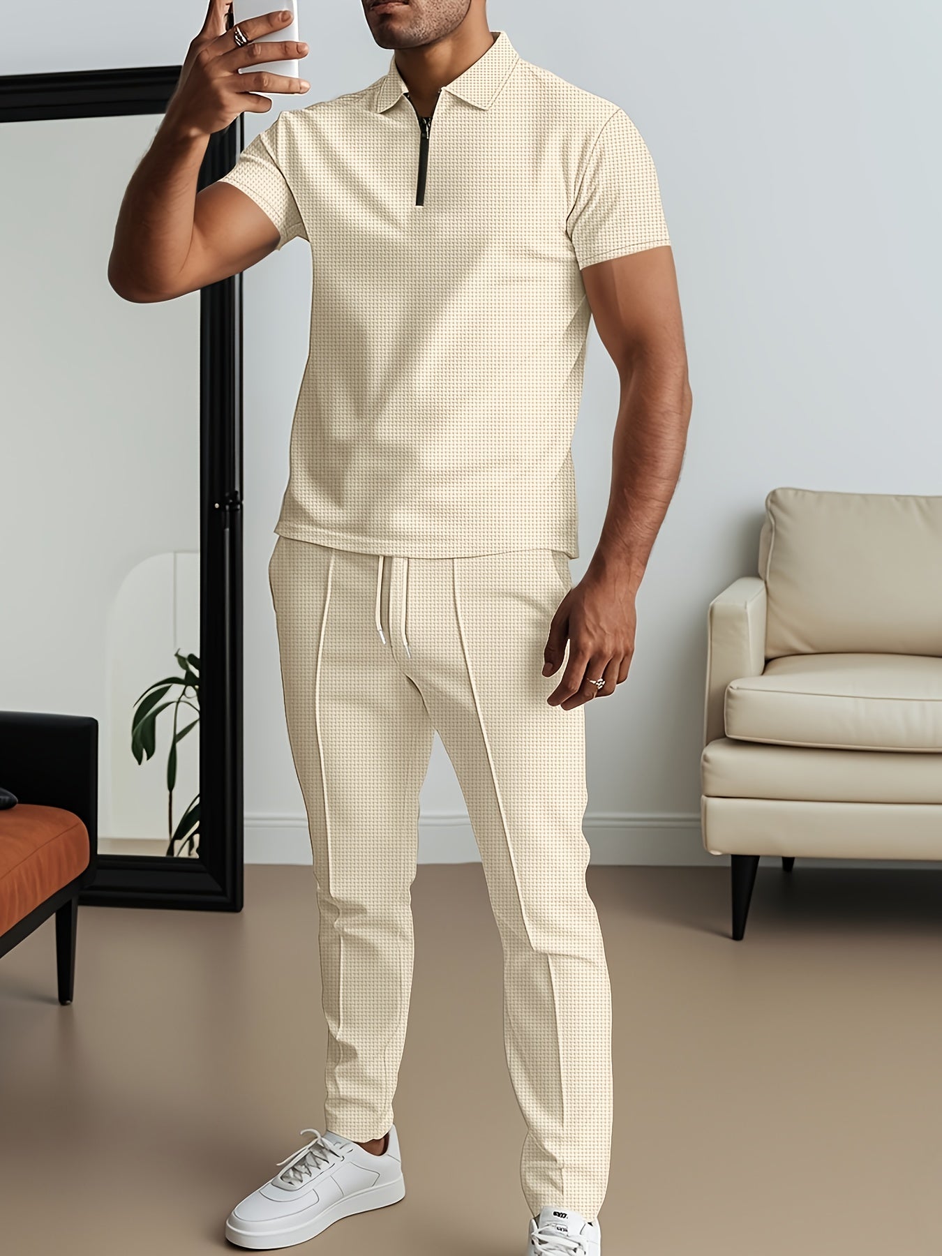 SHOWLU Men's waffle texture short sleeve shirt and matching pants 2-piece set, casual and comfortable clothing for men.