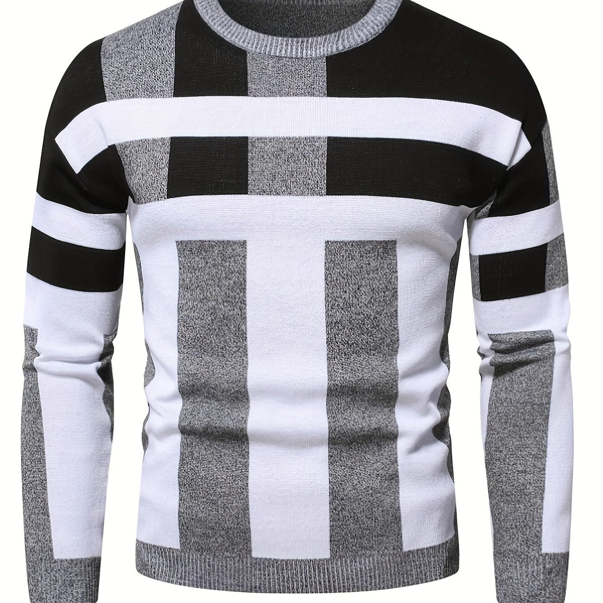 Men's Color Block Round Neck Sweater, Trendy Stretch Warm Pullover For Winter Outdoor