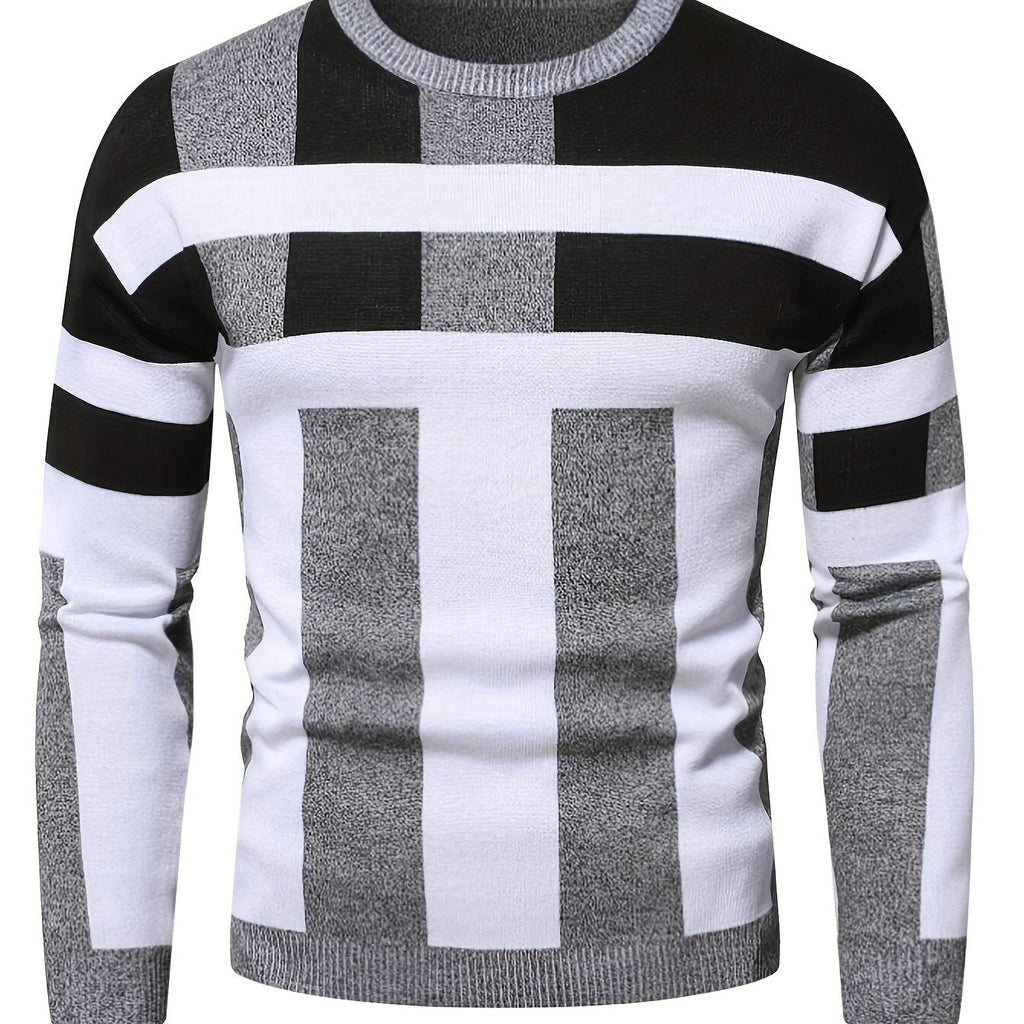 SHOWLU men's color block knit sweater with slim fit viscose crew neck, featuring vibrant color blocks and stylish design.