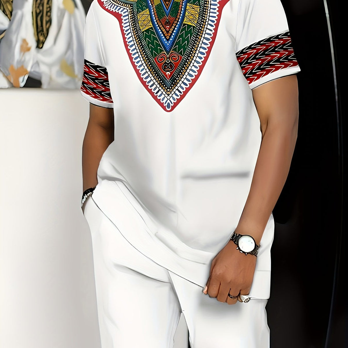 White Short - Sleeve T - Shirt And Long - Pants Set with Ethnic - Style Print - Men's Distinctive Fashion Attire