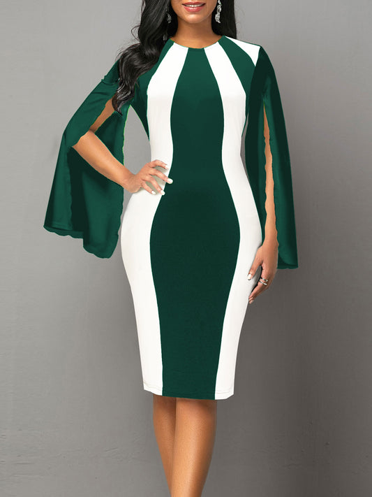 Elegant Black & White Color Block Bodycon Dress with Split Cuffs - Stretchy Polyester & Spandex Blend, Machine Washable - Perfect for All Seasons