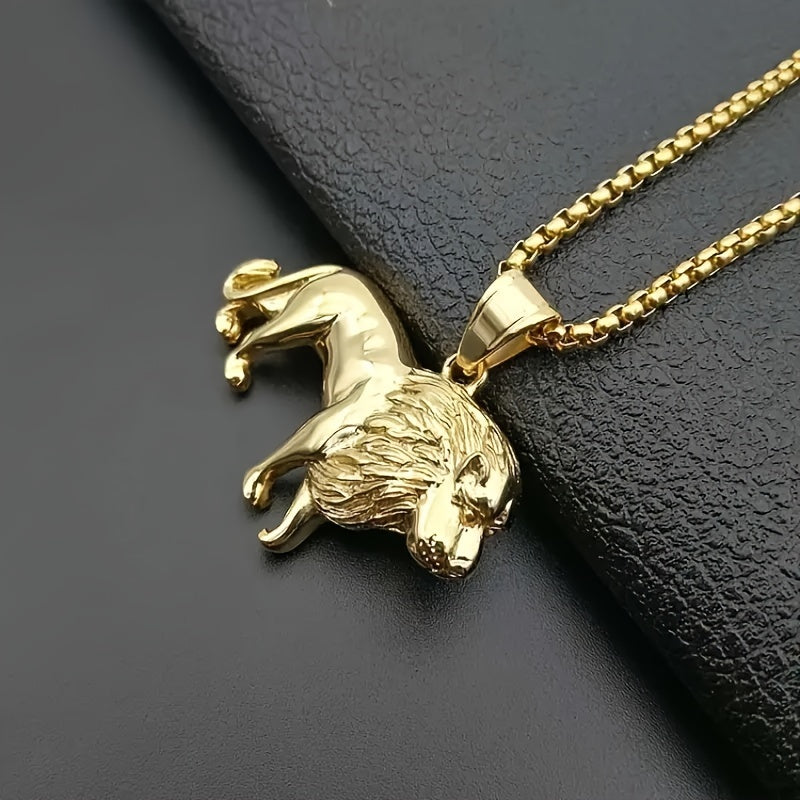 Showlu 18K gold plated lion pendant necklace set featuring stainless steel chain and detailed lion charm on a white background.