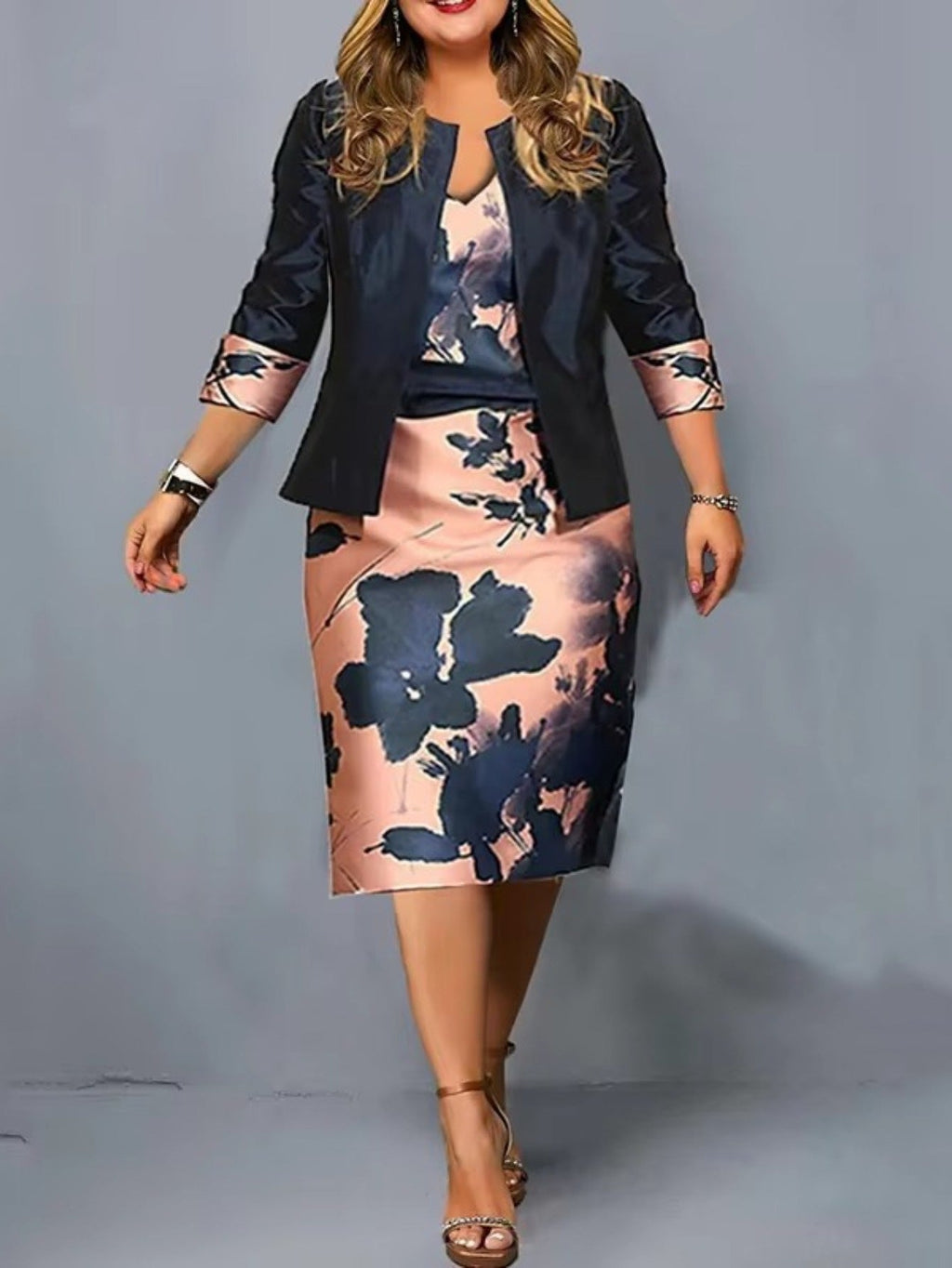 Women's floral print skirt set by SHOWLU FASHION, includes a stylish 2-piece office suit with matching top and skirt.
