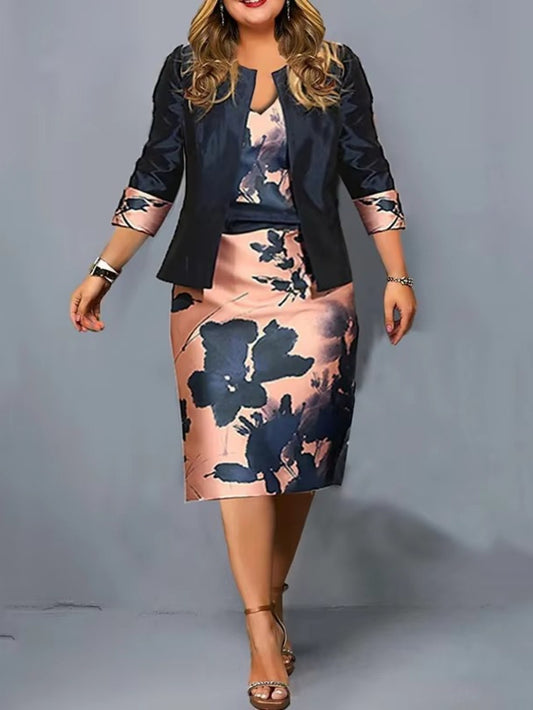 Female Suit 2025 Spring and summer New Solid Three Quarter Sleeve Top And Floral Print Package Hip Dress Two Piece Sets Fashion Suit Office 3d Flower Print Body Con African Skirt Sets Formal Elegant Women'S Sets