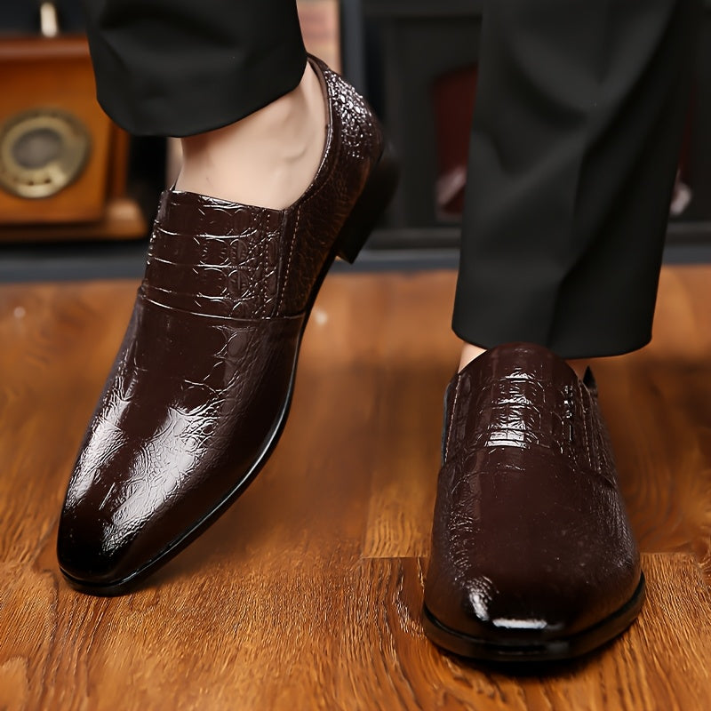 Black crocodile texture pointed-toe loafers for men by SHOWLU FASHION STORE, stylish dress shoes with sleek design.