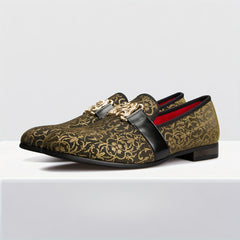 [Floral Pattern Loafers] Elegant Slip-On Loafers - Comfortable Floral Pattern Shoes with Golden Buckle, Black and Red Accents - Perfect for Parties & Streetwear