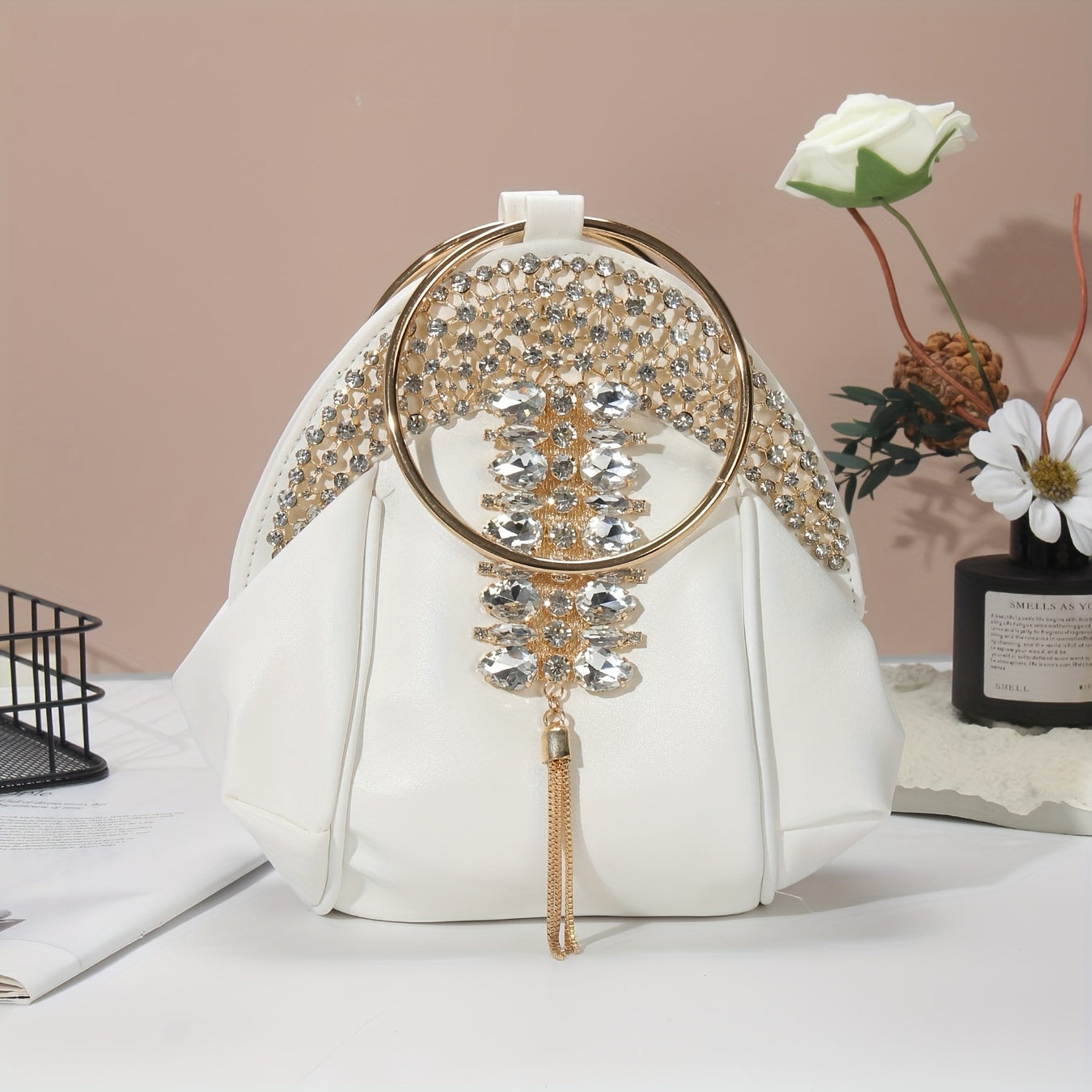 White PU PIDE Rhinestone Schoolbag Clutch with chain strap by SHOWLU FASHION STORE, featuring sparkling rhinestone details and compact design.