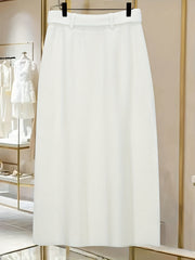 A Stylish White Midi Skirt for Women, Featuring a Unique And Elegant Design, High-Waisted And Straight-Cut, Perfect for Spring.