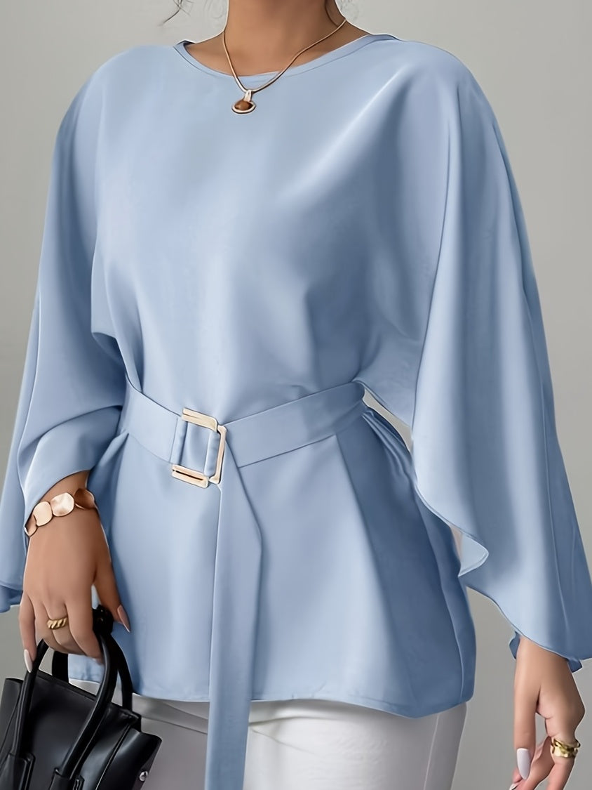 Light blue long sleeve belted blouse from SHOWLU FASHION with elegant crew neck and stylish design.