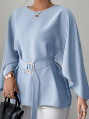 Elegant Light Blue Long Sleeve Blouse with Belted Waist - Chic Crew Neck, Flowy Design, Perfect for Casual or Formal Occasions, Casual Wear Blouse | Belted Waist Top | Structured Shoulders