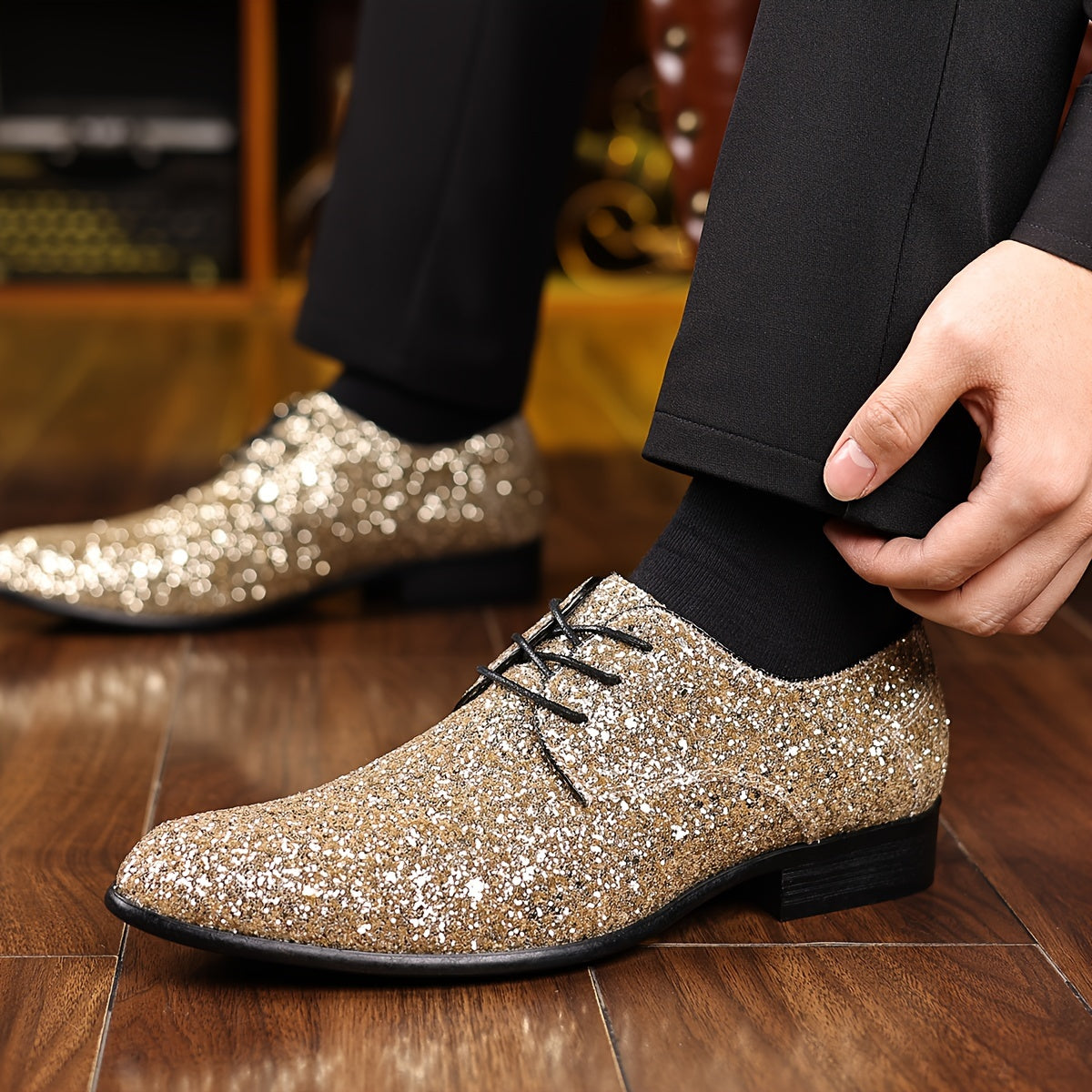 SHOWLU FASHION glitter pointed toe casual shoes in shiny solid color, stylish and comfortable footwear for everyday wear