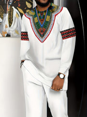 [African-Inspired Suit] Breathable Knit Polyester Men's African-Inspired Suit - White with Green, Red, Black Accents | Formal & Casual Events, Machine Washable, Round Neck Design, Comfortable Fit, PLUS SIZE, Business Party Ou