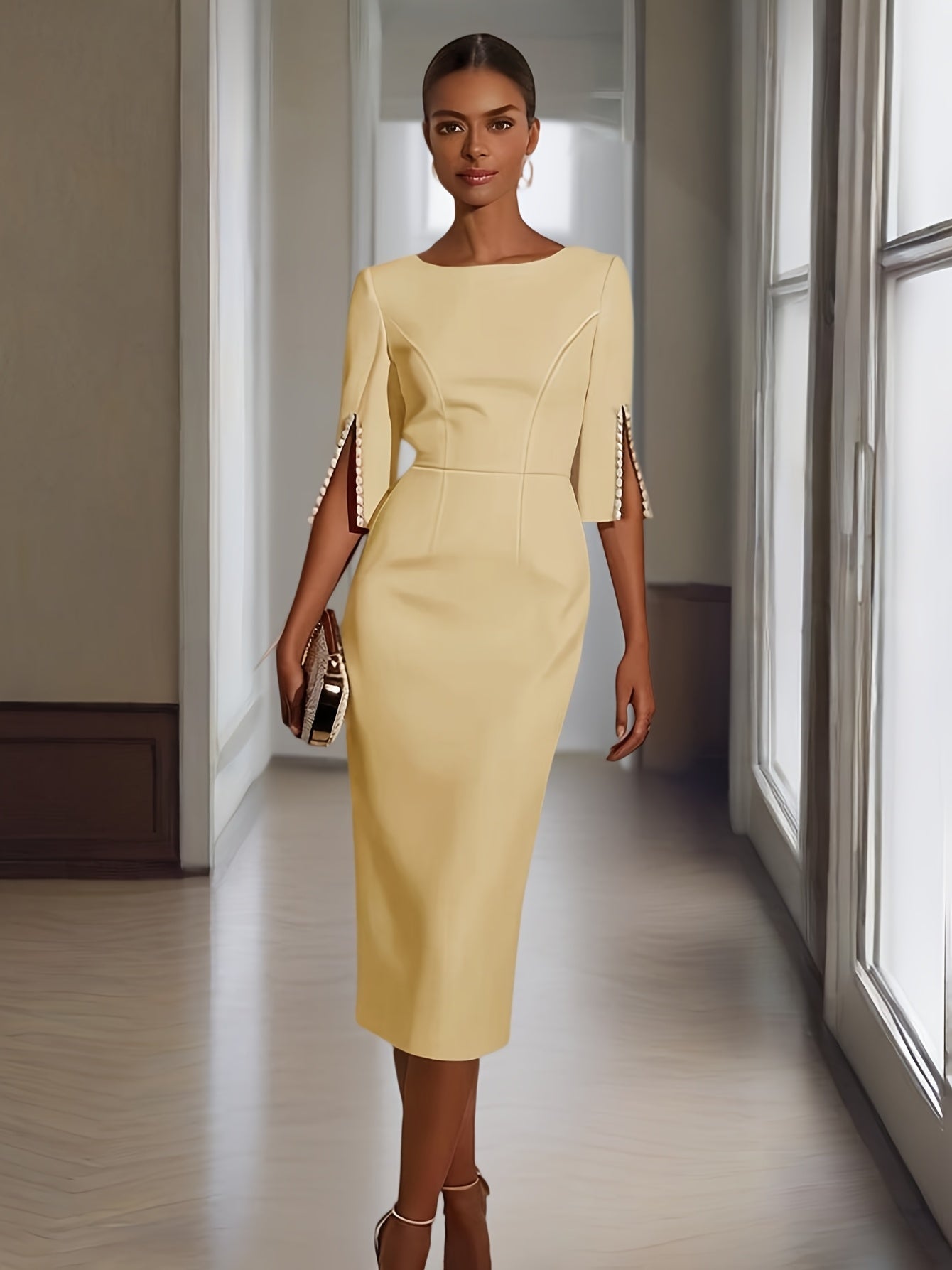 SHOWLU FASHION STORE ZOELNIC women's pearl bodycon midi dress with elegant half sleeves, fitted gown for special occasions.