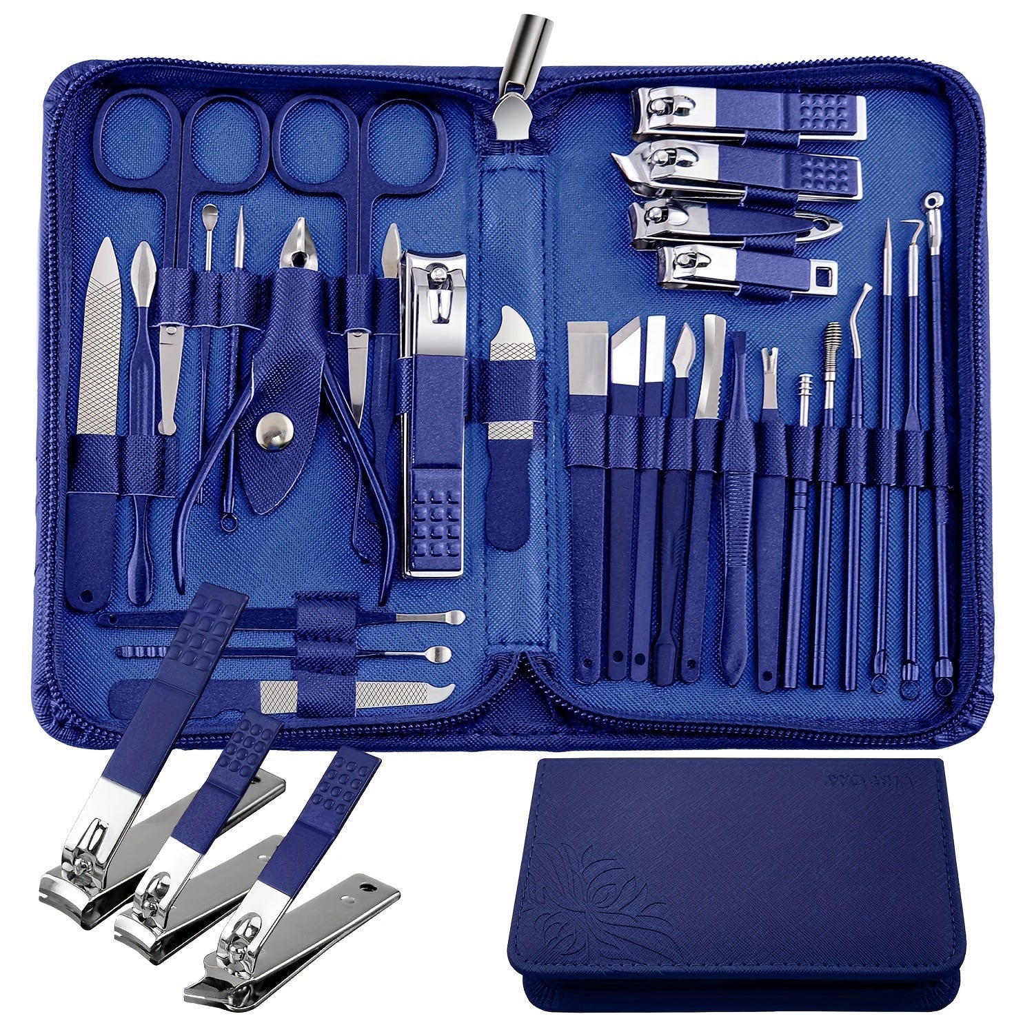 SHOWLU FASHION 30-piece stainless steel manicure and pedicure kit with scissors, clippers, and nail tools arranged on a white background.