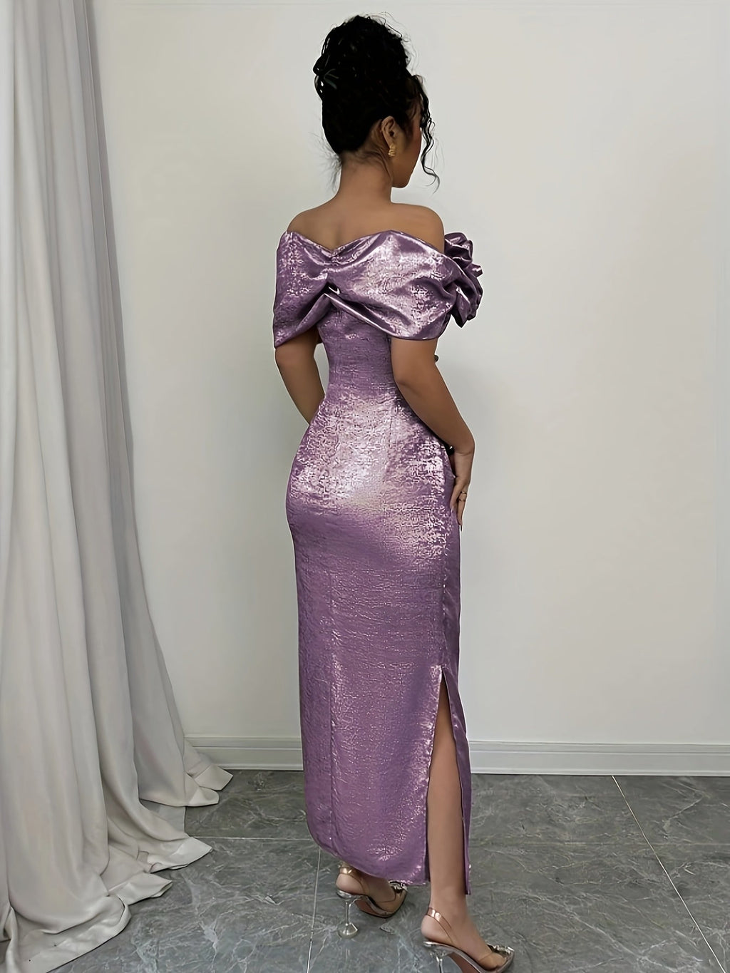 Red off-shoulder bodycon maxi dress with a low slit from SHOWLU FASHION, featuring a fitted silhouette and elegant neckline.