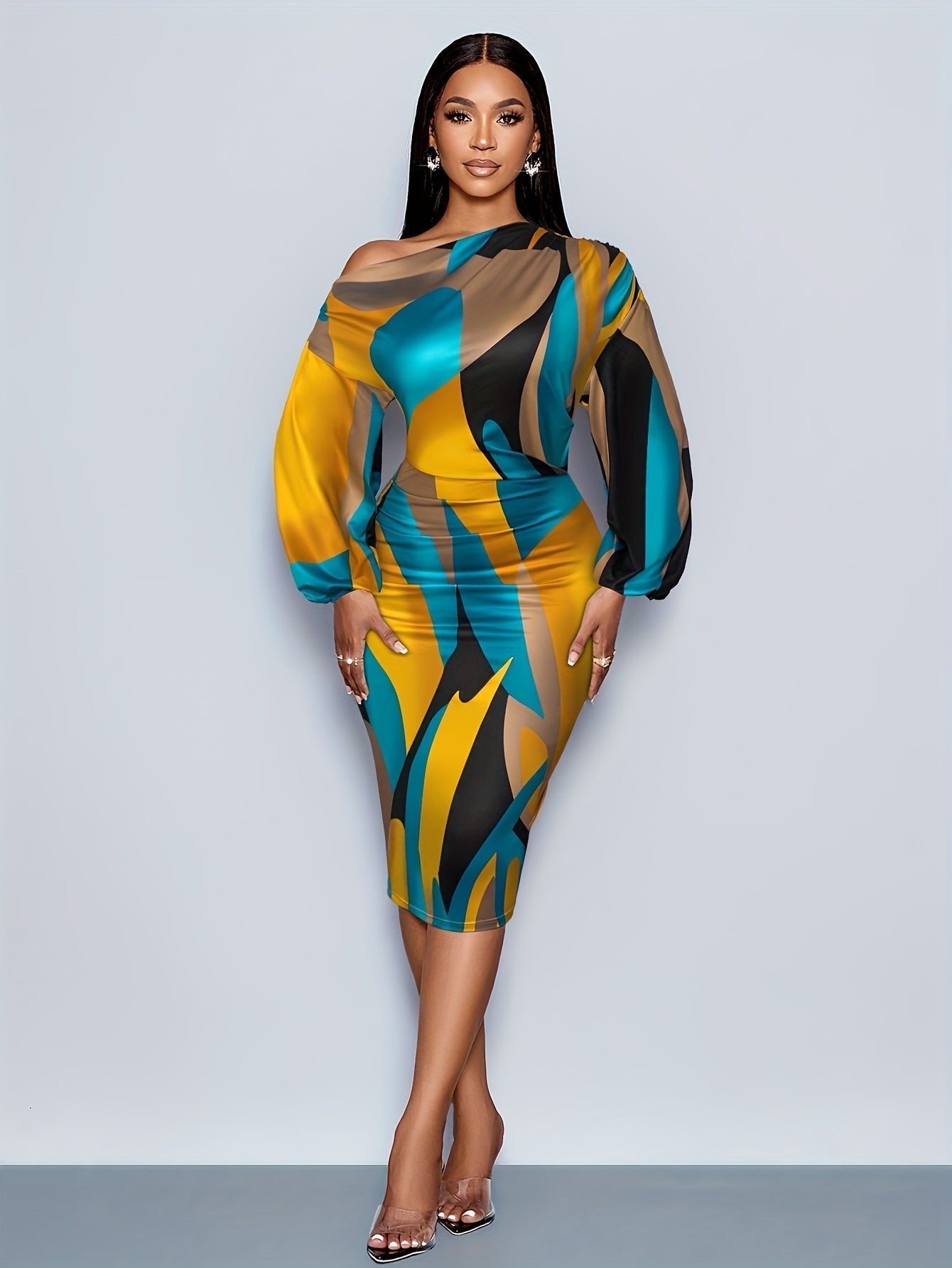 SHOWLU FASHION women's geometric off-shoulder bodycon pleated dress displayed on a model, featuring a fitted silhouette and stylish design.