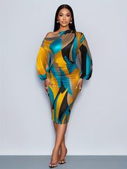 Elegant Off-Shoulder Geometric Print Dress for Women - High Stretch, Machine Washable, Bodycon Fit with Pleated Detail, Perfect for Parties & Events, Formal Gathering Outfit | Elegant Offshoulder Dress | Vibrant Color Dress,