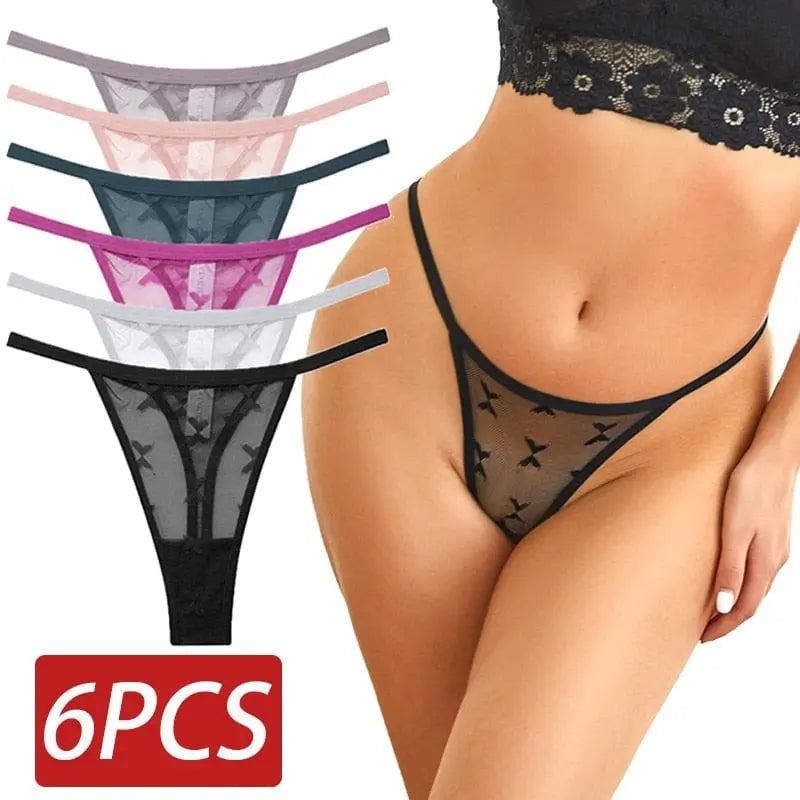 Six-pack of Showlu Fashion sexy mesh women's thongs, low-rise G-strings with transparent and solid designs, available in multiple sizes.