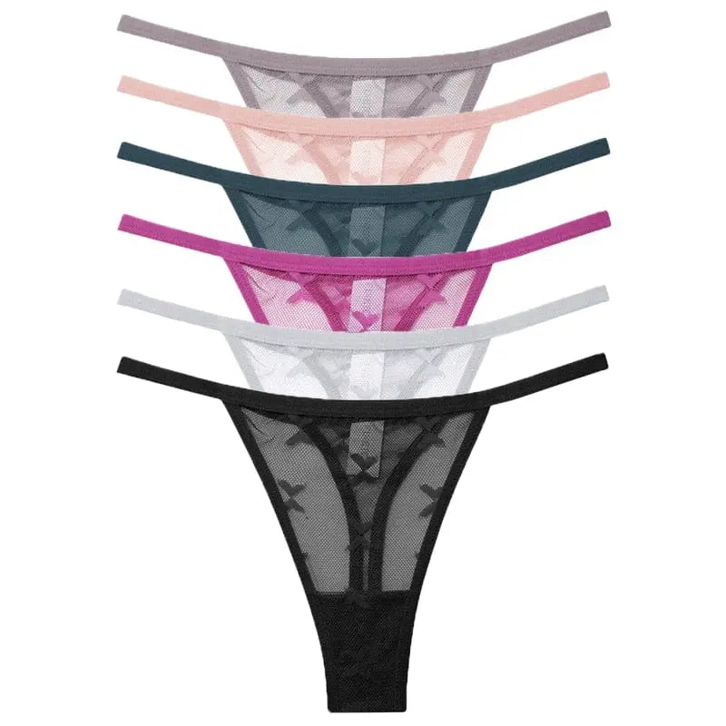 Six-pack of Showlu Fashion sexy mesh women's thongs in various colors, low-rise G-string underwear set, transparent and comfortable fit.