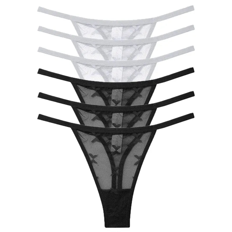 Six-pack of Showlu Fashion women's sexy mesh thongs, low-rise G-strings with transparent, solid designs in assorted colors.