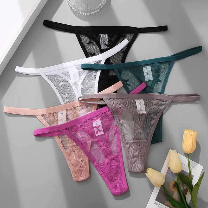 Six-pack of Showlu Fashion sexy mesh women's thongs, low-rise G-strings, transparent underwear set in assorted colors.