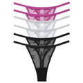 Six-pack of Showlu Fashion sexy mesh women's thongs, low-rise G-strings, transparent underwear set in various solid colors.