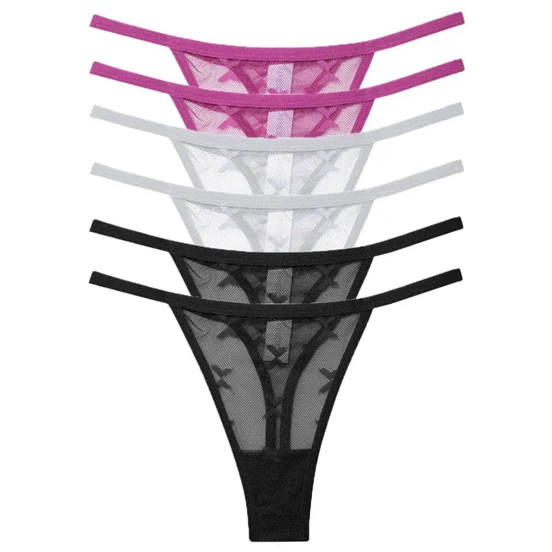 Six-pack of Showlu Fashion sexy mesh women's thongs, low-rise G-strings, transparent underwear set in various solid colors.